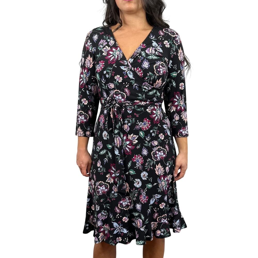 Leota Black Floral Faux Wrap Dress